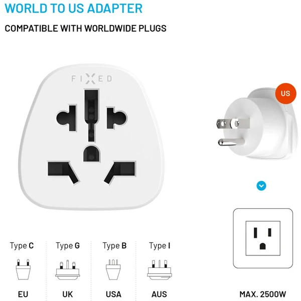 FIXED USA adaptér pre zapojenie UK, US, AUS nabíjačiek do USA zásuviek biely - Nabíjačky - Obrázok 2322ed4f091744759b7b63c992ff80df