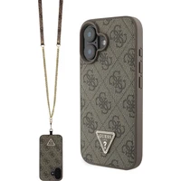 Guess PU 4G Strass Triangle Metal Logo kryt + Crossbody Popruh pre iPhone 16 hnedý - Puzdra