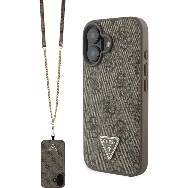Guess PU 4G Strass Triangle Metal Logo kryt + Crossbody Popruh pre iPhone 16 hnedý - Puzdra - Hlavný obrázok