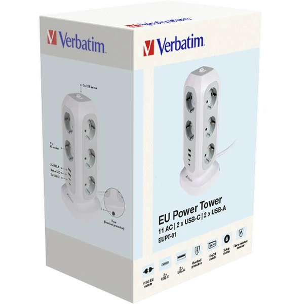 VERBATIM EU Power Tower EUPT-01 Nabíjacia stanica, 11x230V, 2xUSB-C, 2x USB-A - Zásuvky - Obrázok 2353000O01