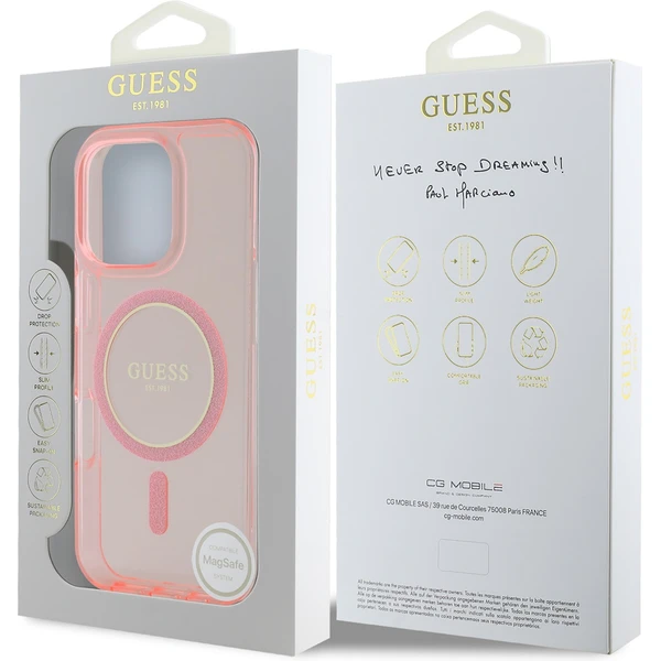 Guess IML Glitter Ring MagSafe kryt pre iPhone 16 Pre ružový - Puzdra - Obrázok 249295a49db24ed69025ad79ccb1d193