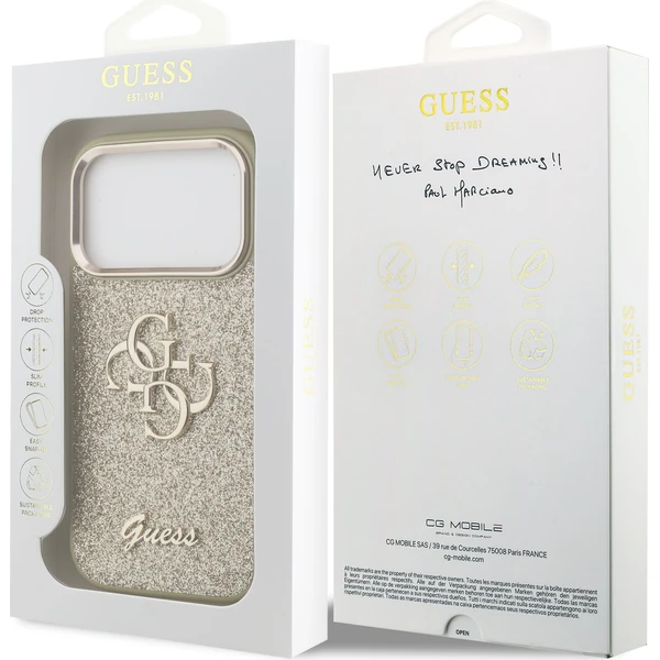 Guess PU Fixed Glitter 4G Metal Frame kryt iPhone 17 Pro zlatý - Puzdra - Obrázok 256e959dd85d45028bd90484a529f6a5