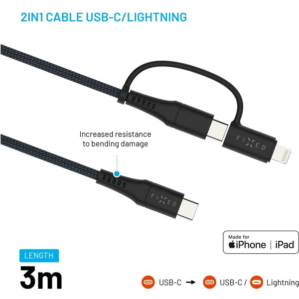 FIXED nabíjací kábel s USB-C/USB-C a Lightning, 3m, MFi, PD 60W, sivý - Káble - Obrázok 25c31614b1a5464fa529f8e8a36c04a9