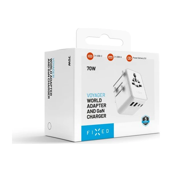 FIXED Voyager (70W) cestovný adaptér pre EU/UK/USA/AUS, 3xUSB-C a 2xUSB, GaN, PD biely - Nabíjačky - Obrázok 26084fd7765d47dbb91738dead595eaa