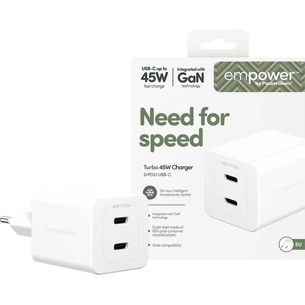 PanzerGlass® empower nabíjačka Turbo GaN (45 W) 2x USB-C, biela - Nabíjačky - Obrázok 263J000K01
