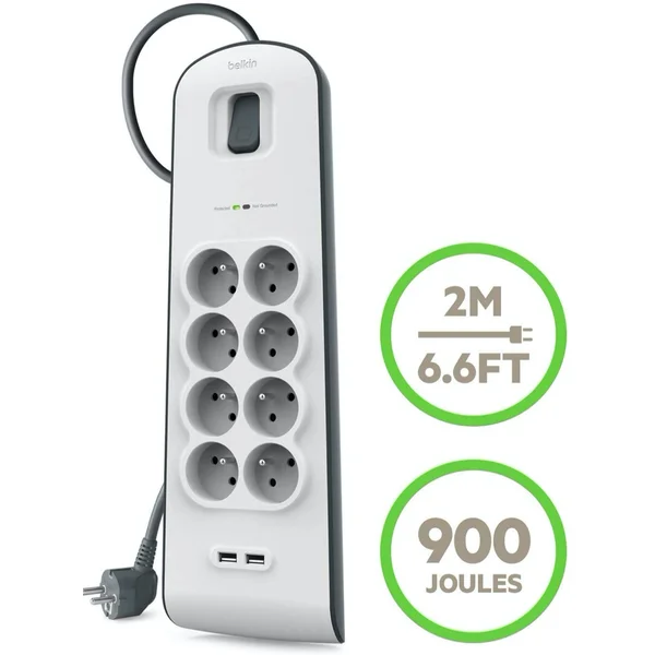 Belkin prepäťová ochrana BSV804, 8 zásuviek, 2xUSB/2.4A, 2m - Prepäťové ochrany - Obrázok 281L100301