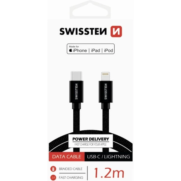 Swissten Textile kábel USB-C / Lightning MFi 1,2 M čierny - Káble - Hlavný obrázok