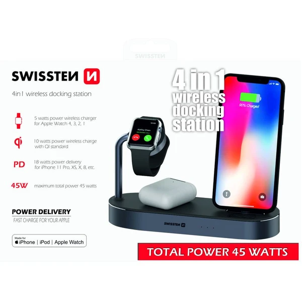 SWISSTEN 4v1 bezdrôtová nabíjačka Qi USB Lightning Mfi 45W čierna - Nabíjačky - Obrázok 29ON400301