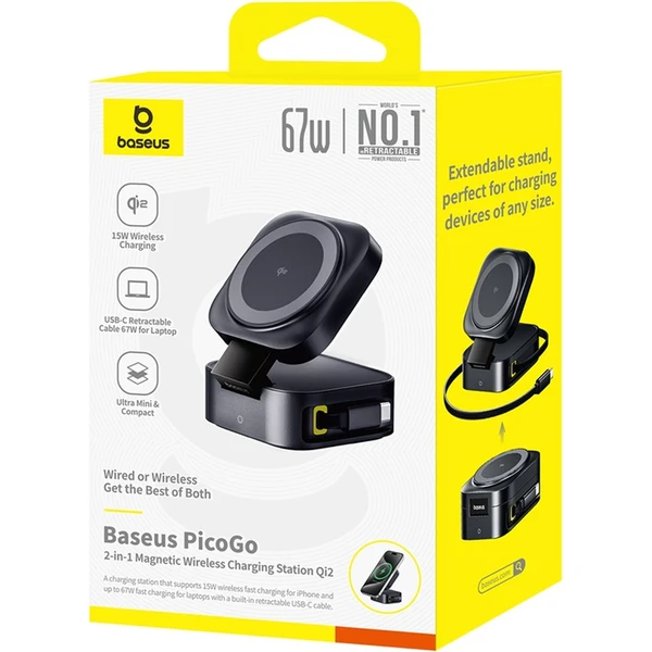 Magnetický bezdrôtový nabíjací stojan PicoGo Series 2v1 Qi2 67W čierny - Nabíjačky - Obrázok 2HGE000L01
