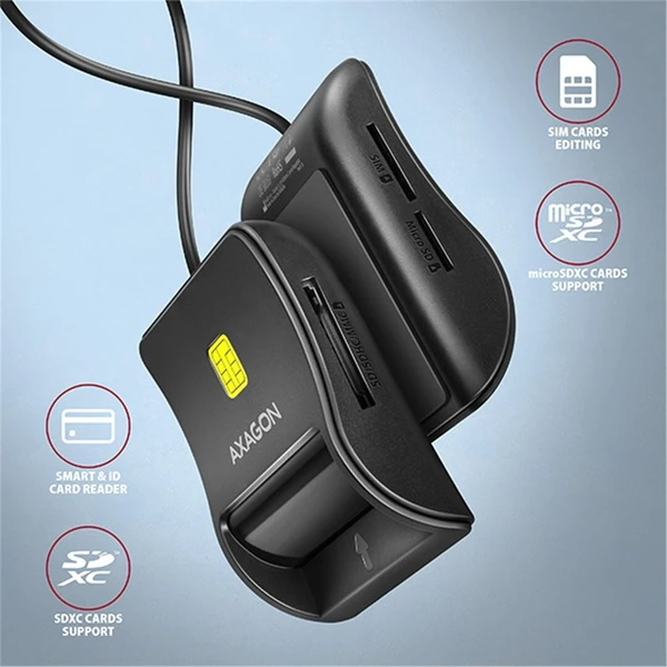AXAGON CRE-SM3SD, USB-A FlatReader 4-slot čítačka Smart card (eObčanka) + SD/microSD/SIM, kábel 1.3  - Čítačky čipových kariet - Obrázok 2QS6000701