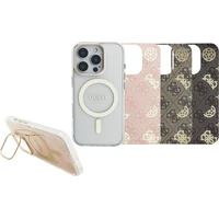 Guess PC/TPU Electroplated Stand Camera Frame MagSafe kryt s vymeniteľným pozadím iPhone 16 Pro - Puzdra
