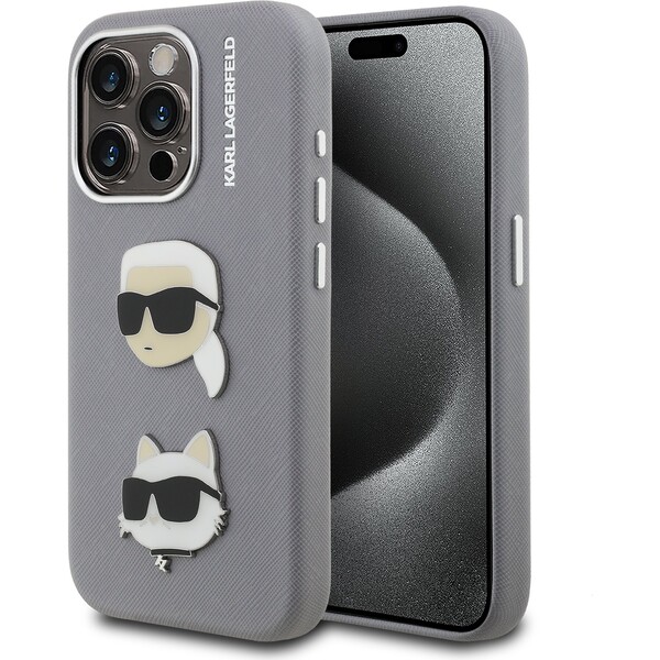 E-shop Karl Lagerfeld Grained PU K&CH Heads kryt iPhone 15 Pre sivý