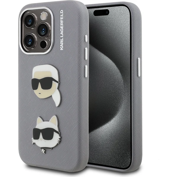 Karl Lagerfeld Grained PU K&CH Heads kryt iPhone 15 Pre sivý - Puzdra - Hlavný obrázok