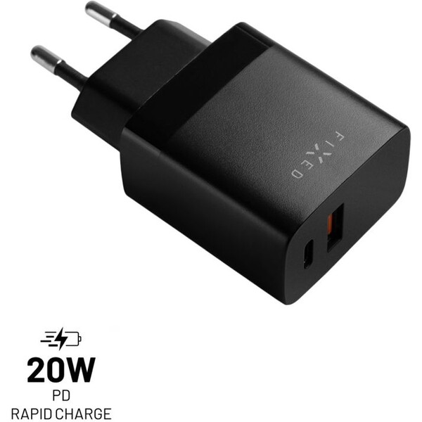 FIXED sieťová nabíjačka s USB-C a USB výstupom, podpora PD a QC 3.0, 20W, čierna