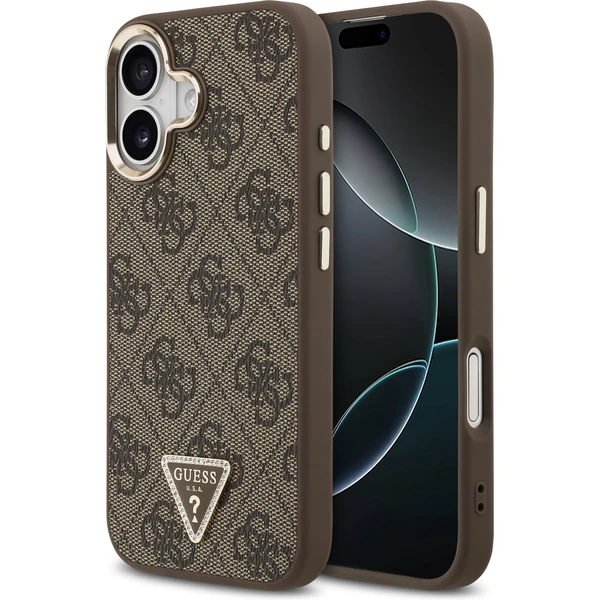 Guess PU Leather 4G Triangle Logo Gold Frame MagSafe kryt iPhone 17 hnedý - Puzdra - Hlavný obrázok