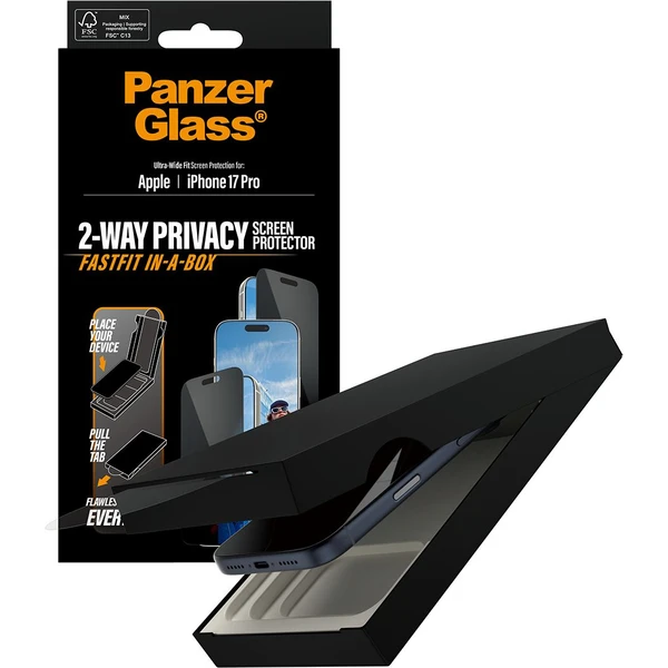 PanzerGlass® Privacy sklo Apple iPhone 17 Pro s bezprašným aplikačným boxom - Ochranné fólie a sklo - Obrázok 30KH000K01