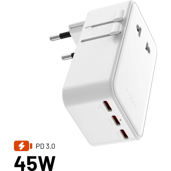 FIXED Voyager Slim 45W cestovní GaN adaptér (PD) pro EU, UK a USA/AUS, bílý - Nabíjačky - Hlavný obrázok