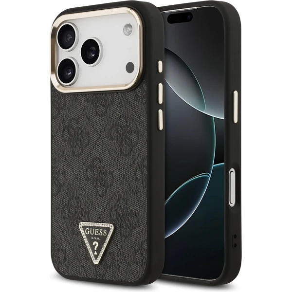 Guess PU Leather 4G Triangle Logo Gold Frame MagSafe kryt iPhone 17 Pro čierny - Puzdra - Hlavný obrázok