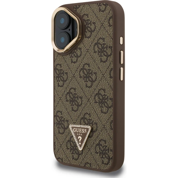 Guess PU 4G Strass Triangle Logo Stand Camera Frame MagSafe kryt iPhone 16 hnedý - Puzdra - Obrázok 33203902dbfb4c85a702517d016b4d1d