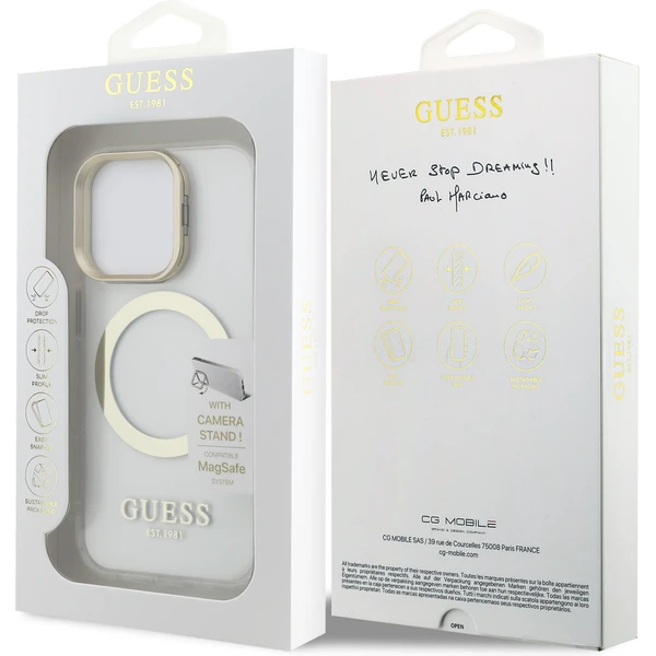 Guess IML Gold Outline Stand Camera Frame MagSafe kryt iPhone 15 Pre číry - Puzdra - Obrázok 3350ae3118ae4e568ea5f6985b397065