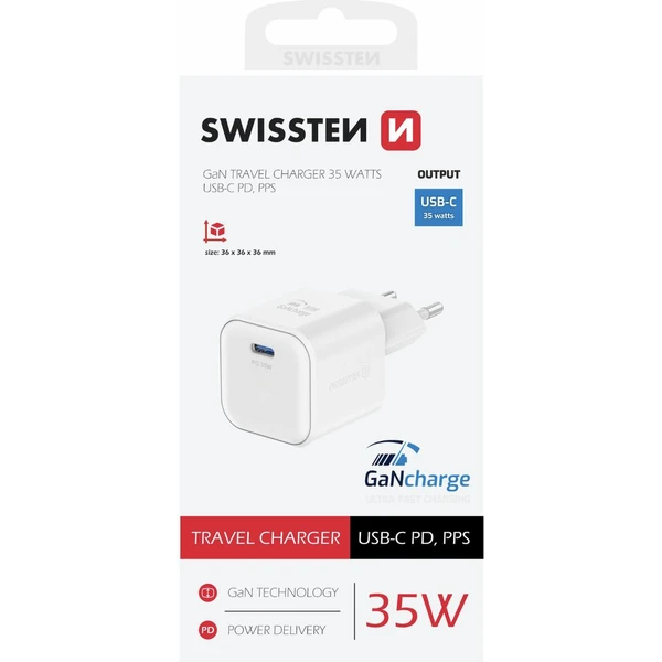 Swissten sieťový adaptér GaN 1x USB-C 35W PD biely - Nabíjačky - Obrázok 3477000J01