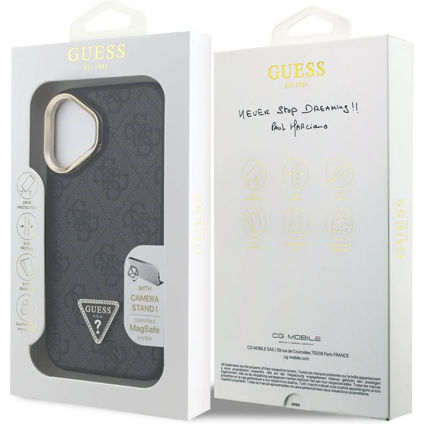 Guess PU 4G Strass Triangle Logo Stand Camera Frame MagSafe kryt iPhone 16 čierny - Puzdra - Obrázok 34ae02529ebc49b590a51520b108833e