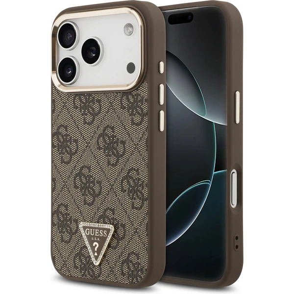 Guess PU Leather 4G Triangle Logo Gold Frame MagSafe kryt iPhone 17 Pro hnedý - Puzdra - Hlavný obrázok