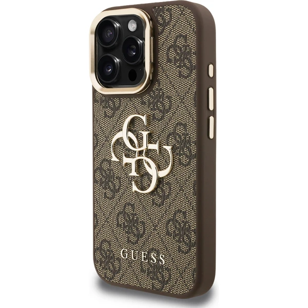 Guess PU 4G Metal Logo Stand Camera Frame kryt iPhone 15 Pre hnedý - Puzdra - Obrázok 3684c1e94cf44cf4a7bc0f6fe5c23314