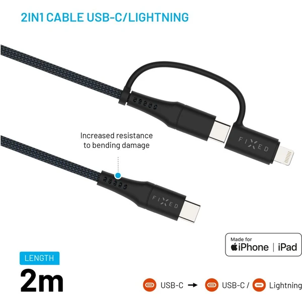 FIXED nabíjací kábel s USB-C/USB-C a Lightning, 2m, MFi, PD 60W, sivý - Káble - Obrázok 36a7b3c6a2004049a1ba2b655051ae4c