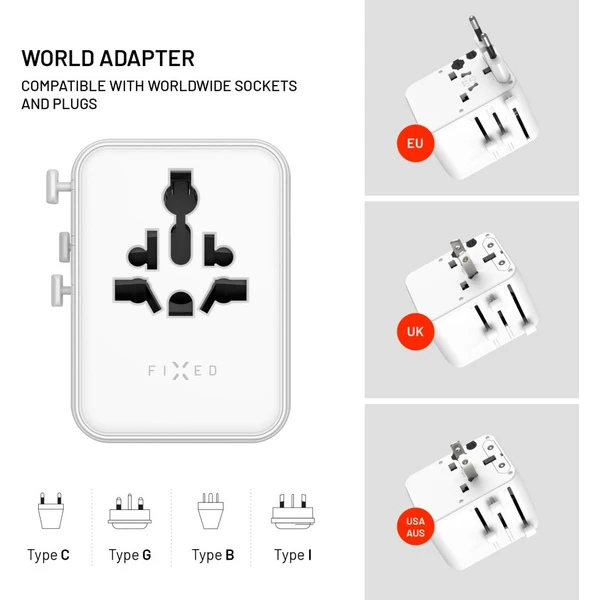 FIXED Voyager (70W) cestovný adaptér pre EU/UK/USA/AUS, 3xUSB-C a 2xUSB, GaN, PD biely - Nabíjačky - Obrázok 37da4ed02441415daeaf84a6961321a3