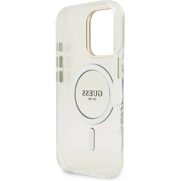 Guess PC/TPU Electroplated Stand Camera Frame MagSafe kryt s vymeniteľným pozadím iPhone 16 Pro - Puzdra - Obrázok 382de07d1c7a46eca5e68a87f1bbc926