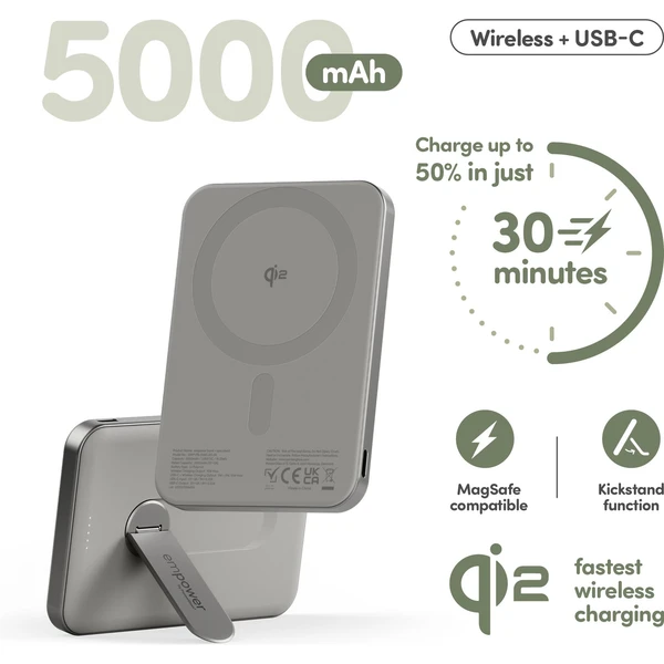 PanzerGlass® empower bezdrôtová Qi2 powerbanka 5000 mAh, MagSafe, otočný stojan, sivá - Powerbanky - Obrázok 383J000K01