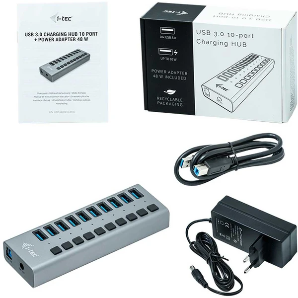 i-tec USB 3.0 Charging HUB 10 Port + Power Adaptér 48 W striebor - USB huby - Obrázok 385U200301
