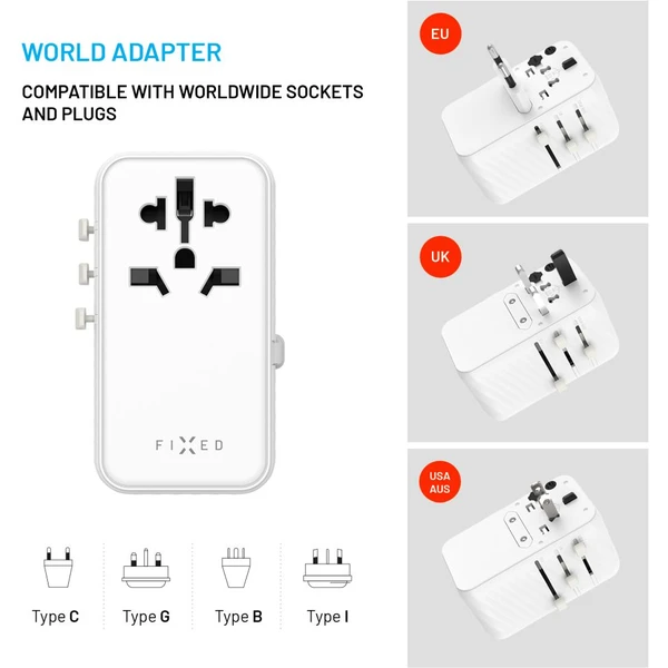 FIXED Voyager (120W) cestovný adaptér EU/UK/USA/AUS, 3xUSB-C a 1xUSB, GaN, PD, biely - Nabíjačky - Obrázok 386fdc462b7f4ceba0e41ba46273a700
