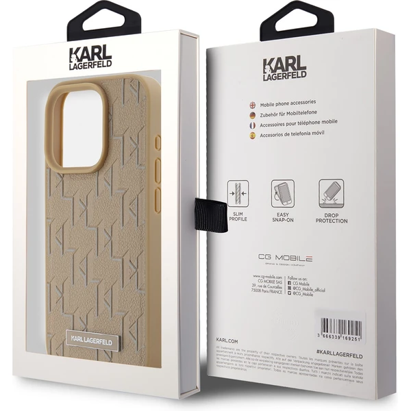 Karl Lagerfeld PU Leather Monogram Metal Logo MagSafe zadný kryt iPhone 14 Pro Max béžový - Puzdra - Obrázok 39N5000J01