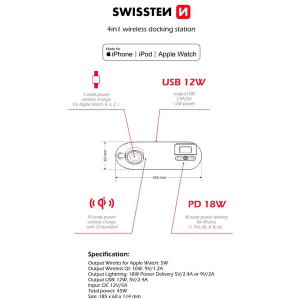 SWISSTEN 4v1 bezdrôtová nabíjačka Qi USB Lightning Mfi 45W čierna - Nabíjačky - Obrázok 39ON400301
