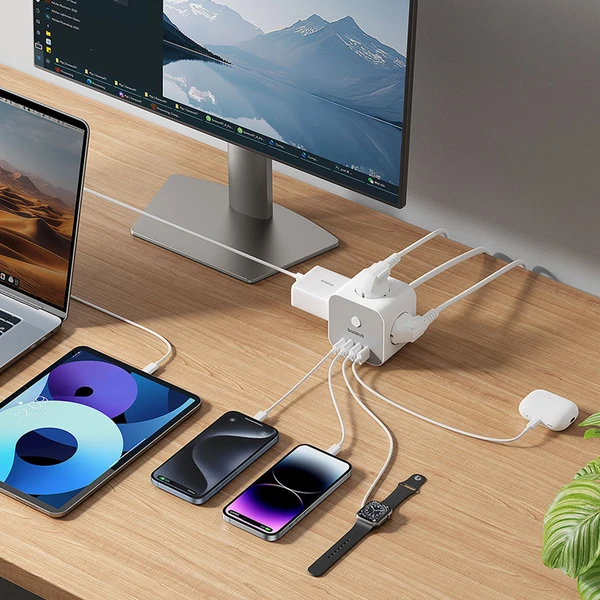 Predlžovací kábel Baseus PowerCombo Cube 3x zásuvka + 3x USB + 1x USB-C 20W 1.5m biely - Nabíjačky - Obrázok 3FGE000L01