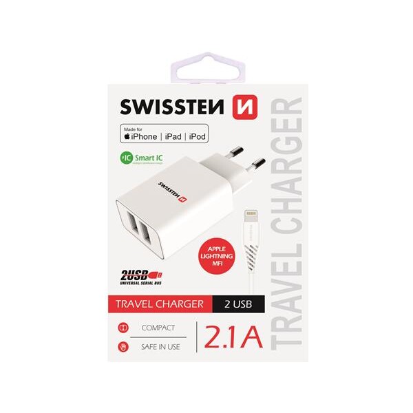 SWISSTEN sieťový adaptér 2xUSB, 2,1 A, MFi biely + kábel USB/Lightning