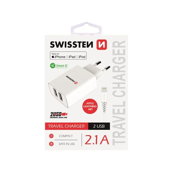 SWISSTEN sieťový adaptér 2xUSB, 2,1 A, MFi biely + kábel USB/Lightning - Nabíjačky - Hlavný obrázok