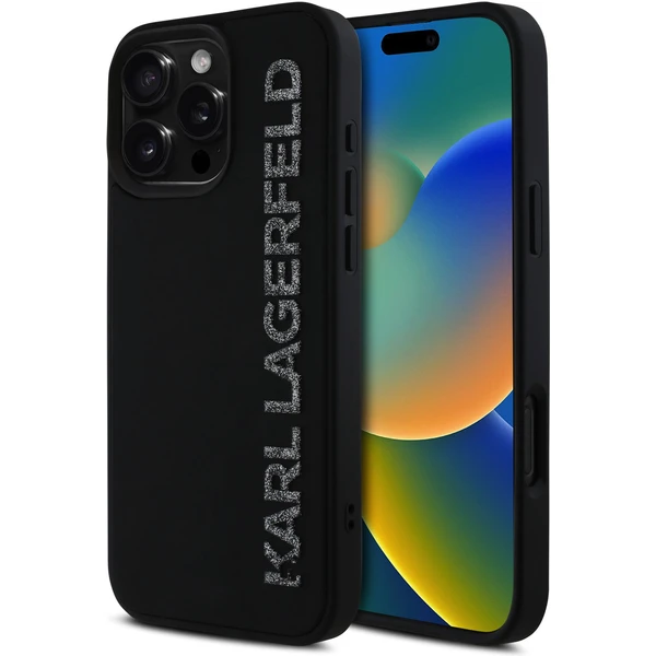 Karl Lagerfeld 3D Rubber Glitter Logo kryt iPhone 16 Pre čierny - Puzdra - Hlavný obrázok