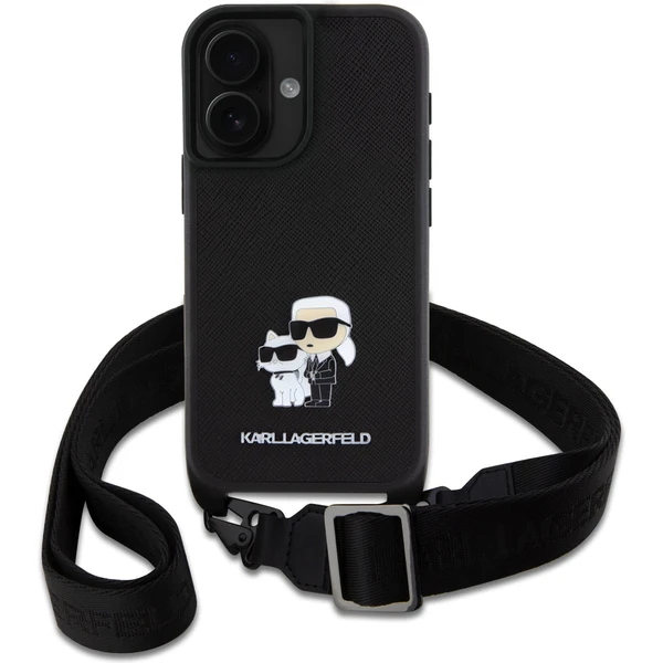 Karl Lagerfeld Saffiano Crossbody Popruh Metal Karl and Choupette kryt pre iPhone 16 čierny - Puzdra - Obrázok 3d241ba08938471b85dea6cc4547943f