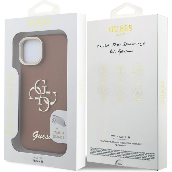 Guess PU Grained 4G Logo Stand Camera Frame kryt iPhone 15 hnedý - Puzdra - Obrázok 3f86f540c31d440f93af16194f0a3388