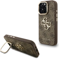 Guess PU 4G Metal Logo Stand Camera Frame kryt iPhone 16 Pre hnedý - Puzdra
