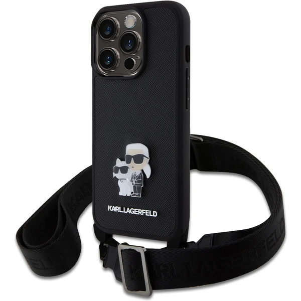 Karl Lagerfeld Saffiano Crossbody Metal Karl and Choupette kryt iPhone 15 Pro čierny - Puzdra - Hlavný obrázok