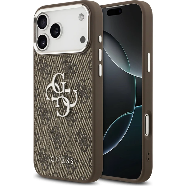 E-shop Guess PU 4G Kovový kryt na logo iPhone 17 Pro Max strieborný/hnedý