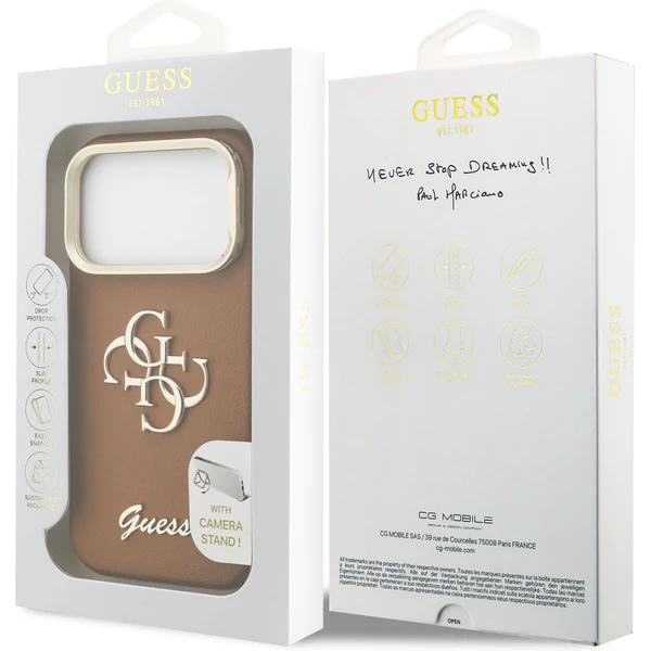 Guess PU Grained 4G Logo Stand Camera Frame kryt iPhone 17 Pro hnedý - Puzdra - Obrázok 4120102a65d640b5a12f82c78e6e8cd4