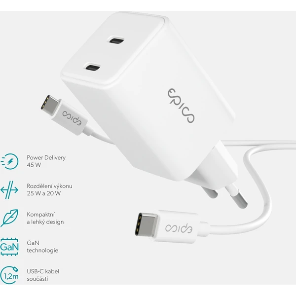 Epico UltraBoost GaN 45W sieťový adaptér EA45 s 1,2 m USB-C na USB-C káblom biely - Nabíjačky - Obrázok 41LL000K01