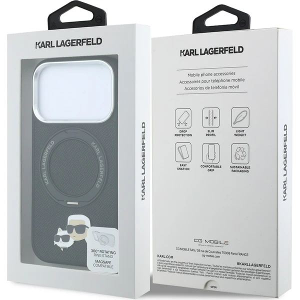 Karl Lagerfeld PU Grained K&CH Heads Ring Stand Magsafe kryt iPhone 18 Pro černý - Puzdra - Obrázok 45532eab8b8c4b419521891ef6f56b03