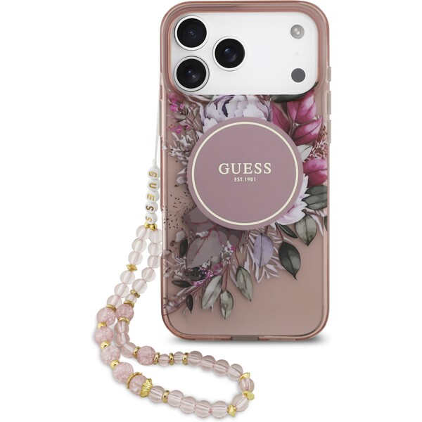 E-shop Guess IML Flowers Strap MagSafe kryt iPhone 17 Pro Max ružový