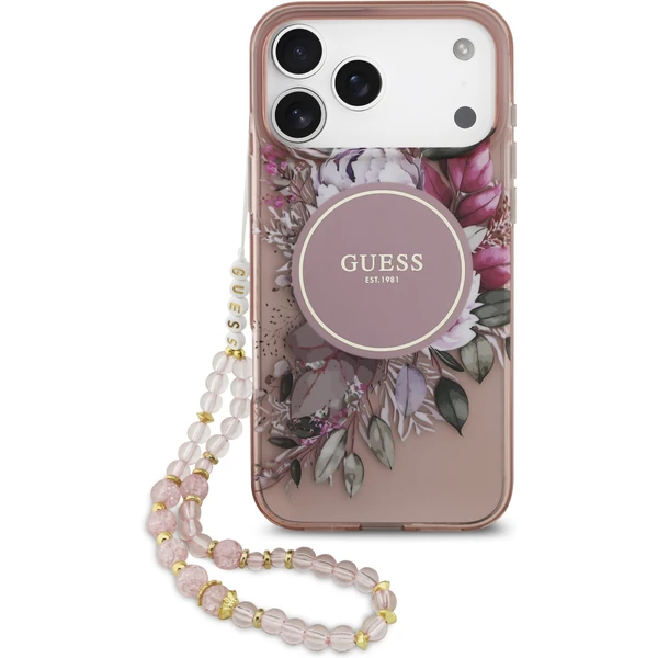 Guess IML Flowers Strap MagSafe kryt iPhone 17 Pro Max ružový - Puzdra - Hlavný obrázok